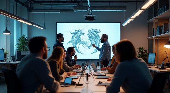 게임 컨셉 아트를 논의하는 개발팀